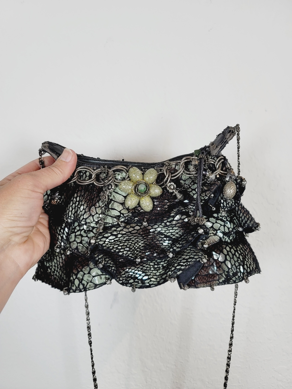Mary Frances Black & Metallic Floral Beaded Ruffled Crossbody Bag